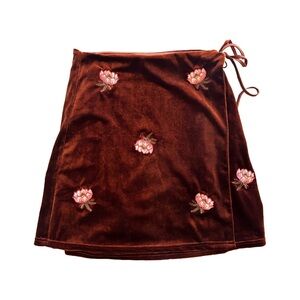 Honey Belle Brown Floral Embroidered Wrap Mini Skirt, Size Medium